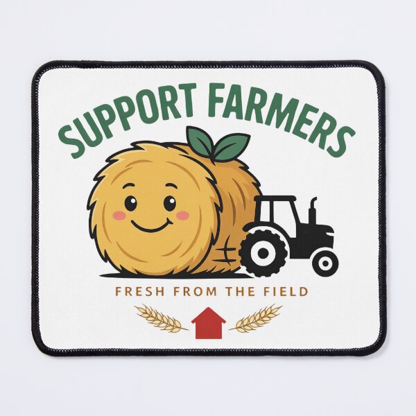 Item preview, Support Farmers Cute Happy Hay Bale Cartoon with Tractor Silhouette Red Barn Wheat Fresh From The Field Farm Agriculture designed and sold by Jetgreenstudio.