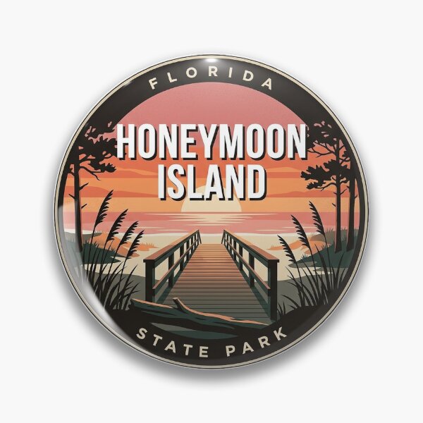 Item preview, Honeymoon Island Sunset Beach Boardwalk Round Badge Sticker designed and sold by DetourDgn.