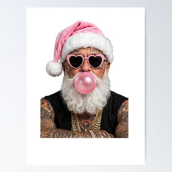 Item preview, Badass Tattooed Santa Blowing Pink Bubblegum - Edgy Christmas designed and sold by inkfluenceart.