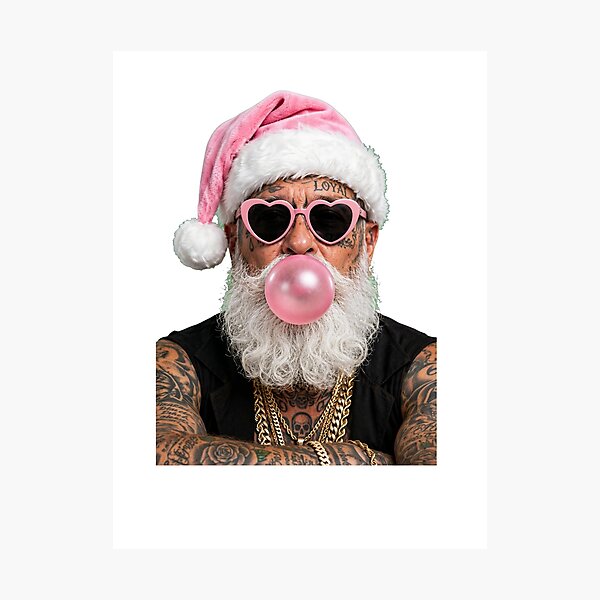 Item preview, Badass Tattooed Santa Blowing Pink Bubblegum - Edgy Christmas designed and sold by inkfluenceart.
