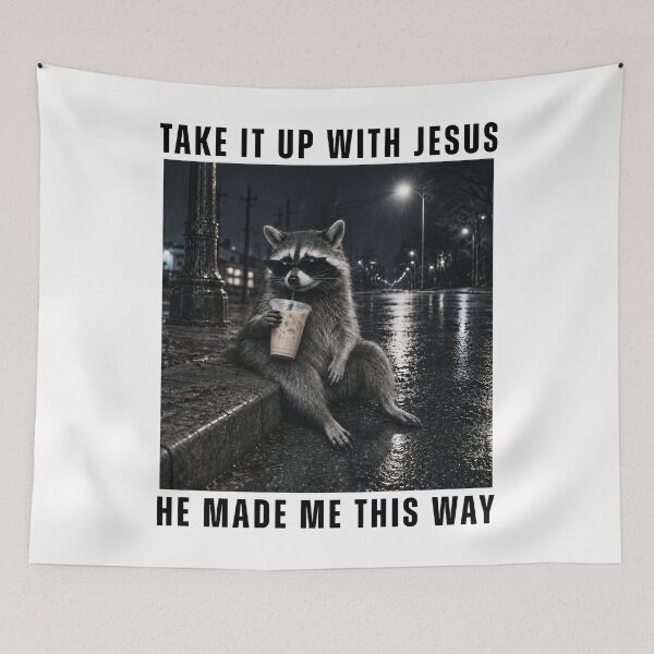 Item preview,  Raccoon Take It Up With Jesus Drinking Iced Coffee At Night designed and sold by AlexandSchum.
