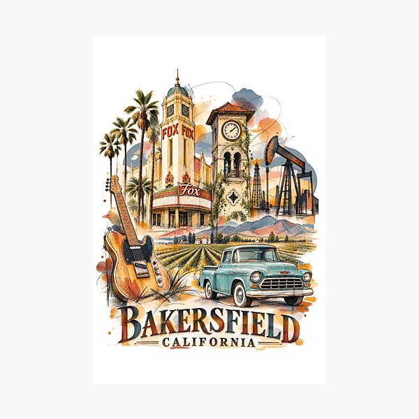 Item preview, Bakersfield California — Ink and Watercolor Style Travel Art designed and sold by Russell Thorne.