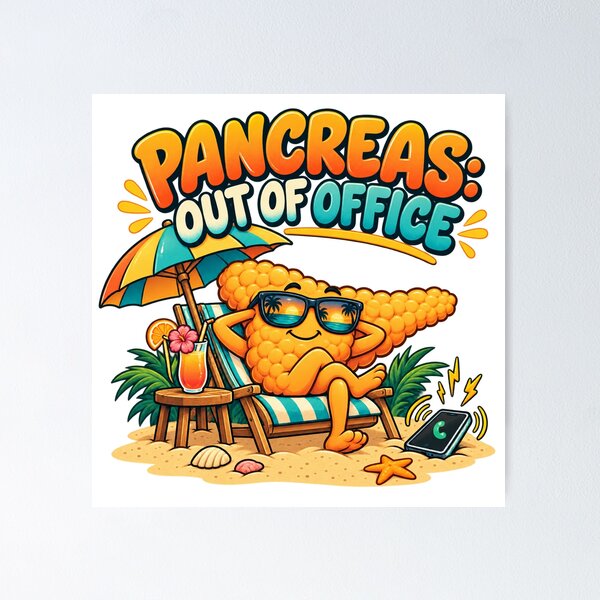 Item preview, Pancreas Out of Office – Funny Diabetes Beach Cartoon designed and sold by PiANNE.