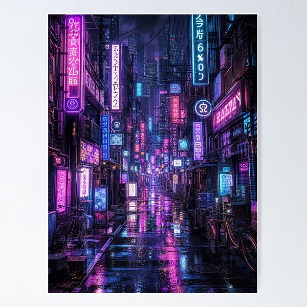 Item preview, Cyberpunk Tokyo Neon Alleyway Japanese Night Street Art designed and sold by vekotpu.