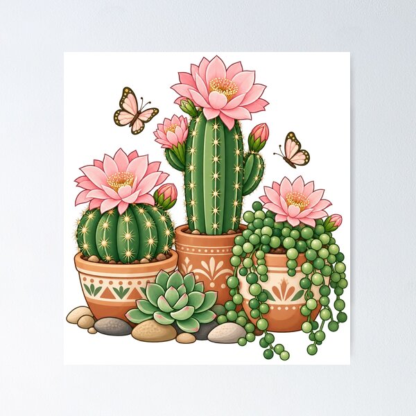 Item preview, Flowering Cactus Garden with Pink Blooms and Butterflies designed and sold by skyartdesign.