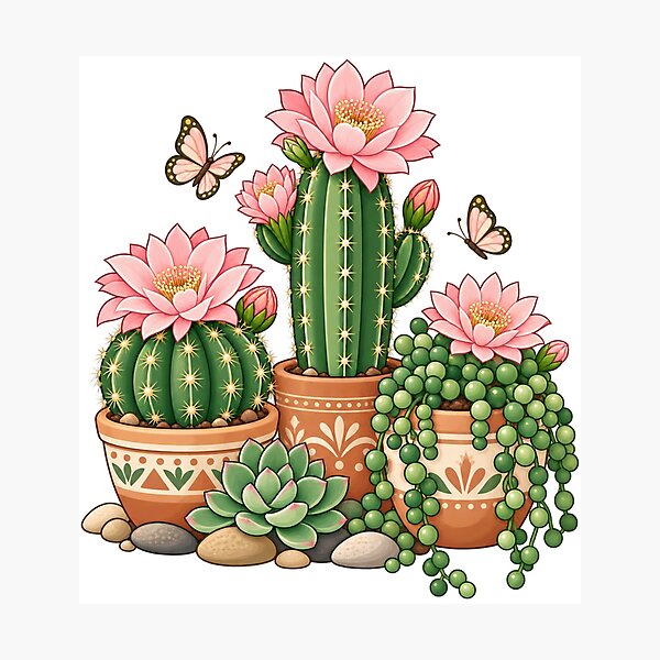 Item preview, Flowering Cactus Garden with Pink Blooms and Butterflies designed and sold by skyartdesign.