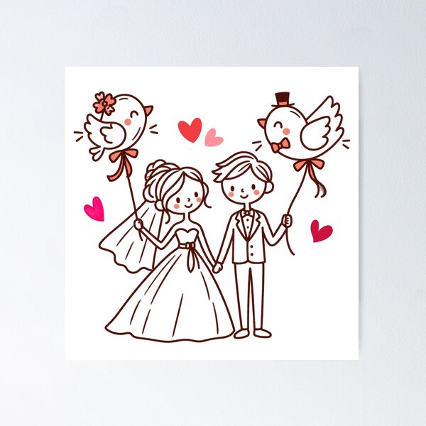 Item preview, Cute Wedding Couple with Love Bird Balloons designed and sold by Nicha Studio.