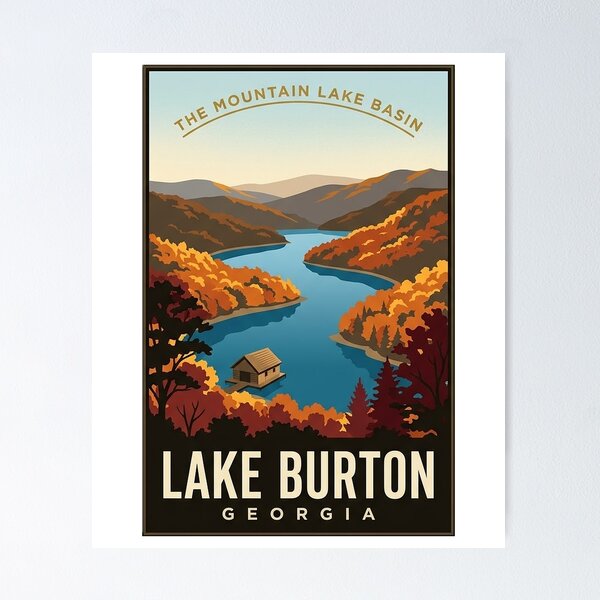 Item preview, Lake Burton Georgia Autumn Mountain Lake Vintage Poster Sticker designed and sold by DetourDgn.