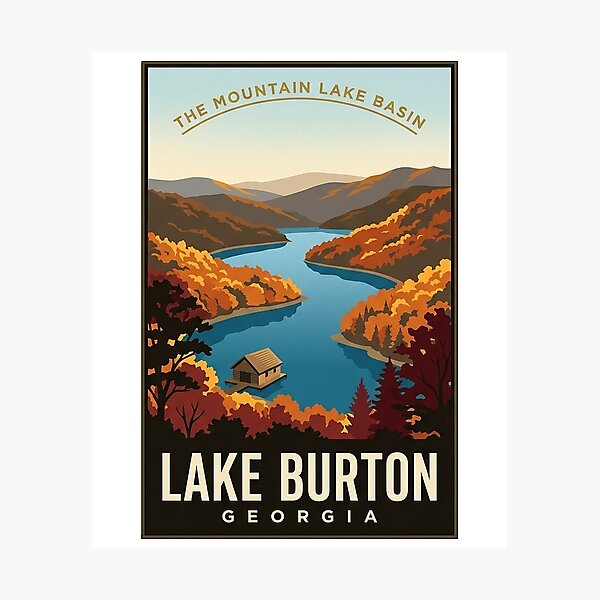Item preview, Lake Burton Georgia Autumn Mountain Lake Vintage Poster Sticker designed and sold by DetourDgn.