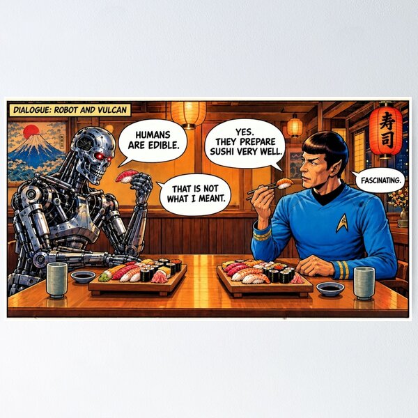 Item preview, Robot and Alien Sushi Dinner Funny Comic Dialogue designed and sold by SammyMorry.