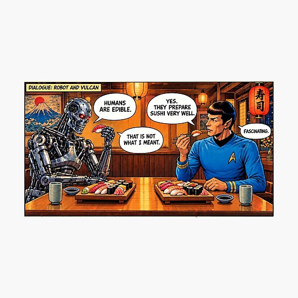 Item preview, Robot and Alien Sushi Dinner Funny Comic Dialogue designed and sold by SammyMorry.