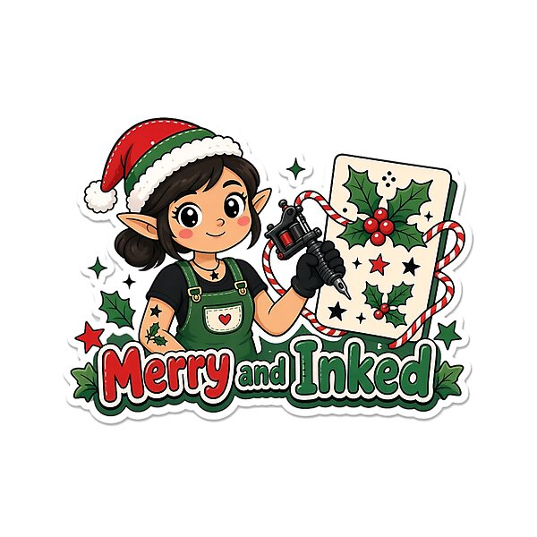 “Merry and Inked†design: christmas Gift for Tattoo Artists, cute kawaii art by Soft Merch