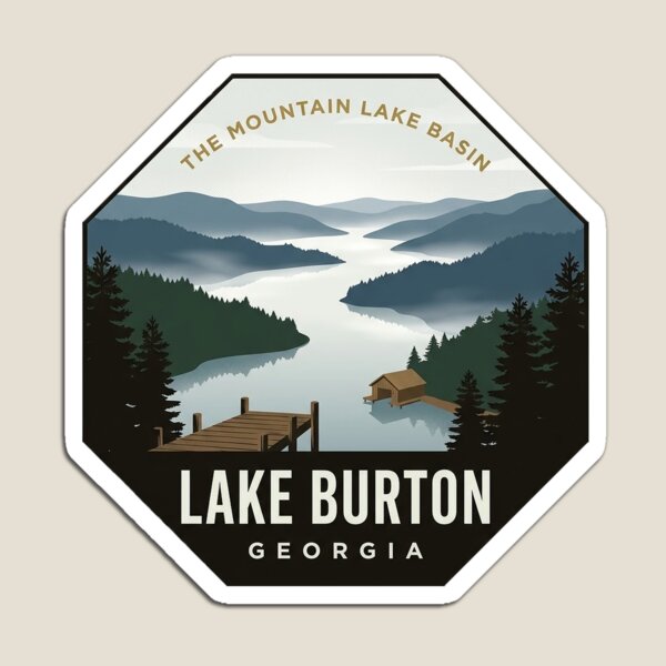 Item preview, Lake Burton Georgia Misty Mountain Lake Octagon Badge Sticker designed and sold by DetourDgn.