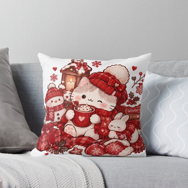 Item preview, Cute Kawaii Red Winter Cat with Hot Cocoa and Snowman designed and sold by Kiralemon.