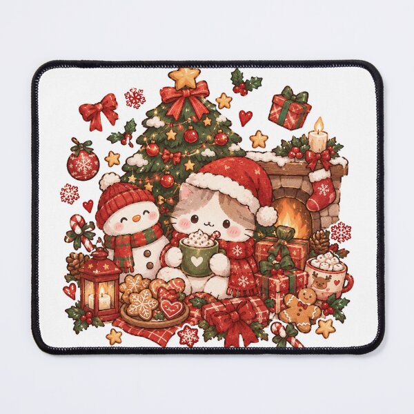 Item preview, Kawaii Christmas Cat and Snowman Cozy Holiday Scene designed and sold by Kiralemon.