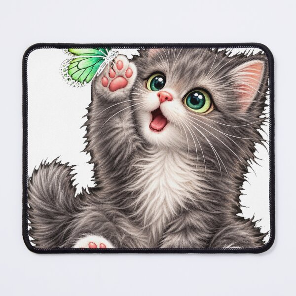 Item preview, Cute Gray Kitten Playing with Green Butterfly designed and sold by Line-mood.