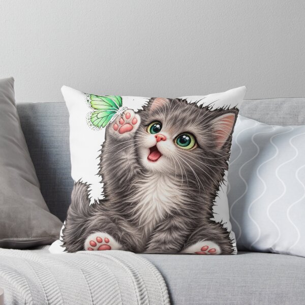 Item preview, Cute Gray Kitten Playing with Green Butterfly designed and sold by Line-mood.