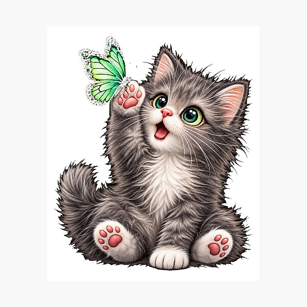 Item preview, Cute Gray Kitten Playing with Green Butterfly designed and sold by Line-mood.