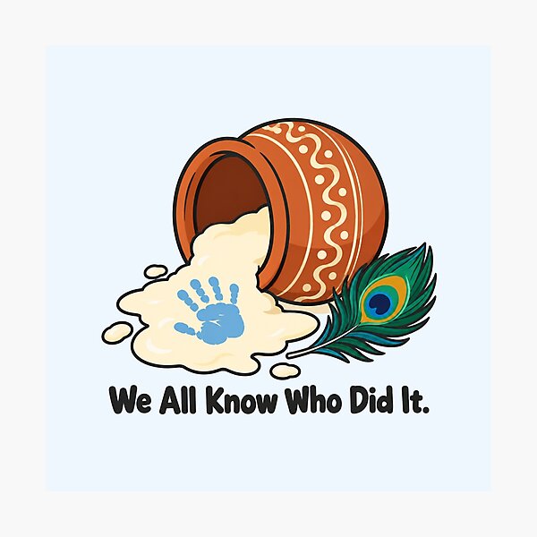 Item preview, We All Know Who Did It – Makhan Chor Butter Thief Krishna Leela Peacock Feather Illustration designed and sold by Fanverse Merchandise.