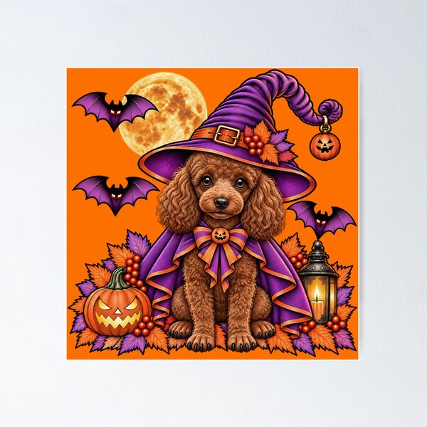 Item preview, Brown Poodle Halloween Witch Costume & Spooky Pumpkin designed and sold by PixelsPaws.