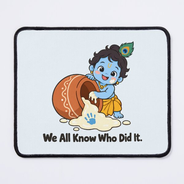 Item preview, We All Know Who Did It – Makhan Chor Butter Thief Krishna Leela Peacock Feather Illustration designed and sold by Fanverse Merchandise.