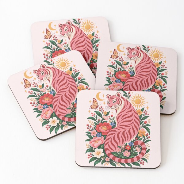 Item preview, Pink Tiger Botanical Art, Colorful Floral Wildlife, Maximalist Nature, Vintage Animal Lover Gift designed and sold by Quiajia.