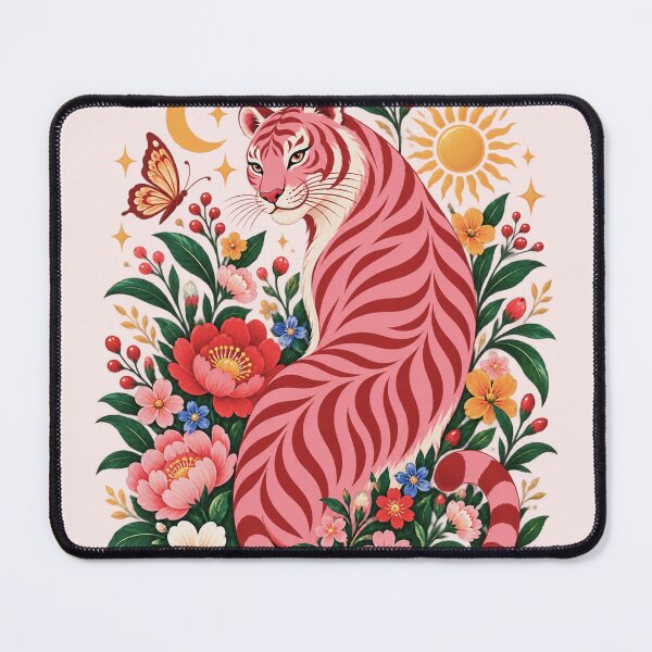 Item preview, Pink Tiger Botanical Art, Colorful Floral Wildlife, Maximalist Nature, Vintage Animal Lover Gift designed and sold by Quiajia.