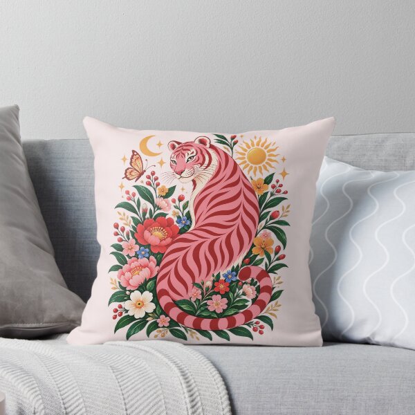 Item preview, Pink Tiger Botanical Art, Colorful Floral Wildlife, Maximalist Nature, Vintage Animal Lover Gift designed and sold by Quiajia.