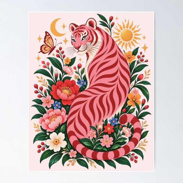 Item preview, Pink Tiger Botanical Art, Colorful Floral Wildlife, Maximalist Nature, Vintage Animal Lover Gift designed and sold by Quiajia.