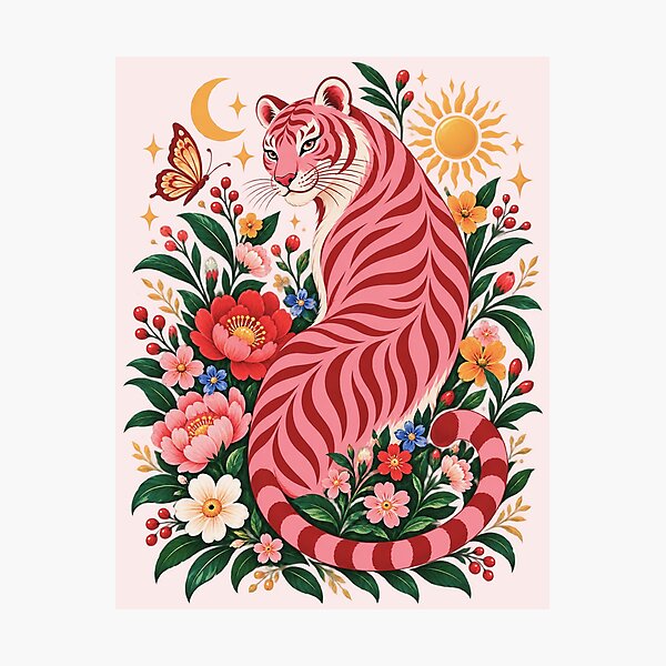 Item preview, Pink Tiger Botanical Art, Colorful Floral Wildlife, Maximalist Nature, Vintage Animal Lover Gift designed and sold by Quiajia.