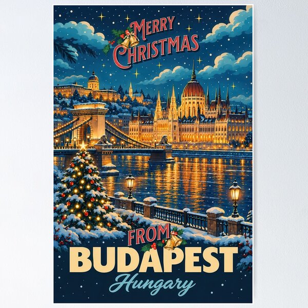 Item preview, Merry Christmas from Budapest Hungary – Vintage Winter Travel Card designed and sold by Earth Celebration Designs.