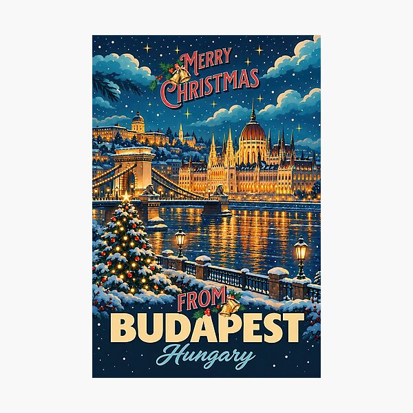 Item preview, Merry Christmas from Budapest Hungary – Vintage Winter Travel Card designed and sold by Earth Celebration Designs.