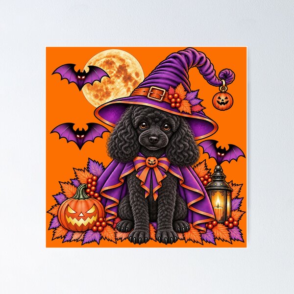 Item preview, Black Poodle Halloween Witch Costume & Spooky Pumpkin designed and sold by PixelsPaws.