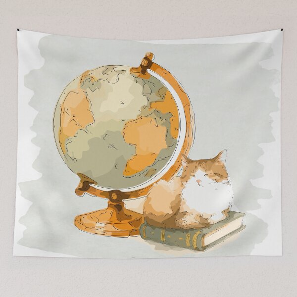 Item preview, Cute Cat Sitting on Book with Globe Watercolor Illustration designed and sold by maewjpho.