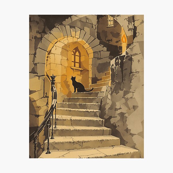 Item preview, Black Cat on a Castle Stair, Vintage Halloween Print designed and sold by GildedFolio.