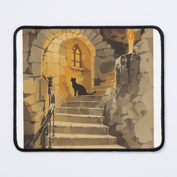Item preview, Black Cat on a Castle Stair, Vintage Halloween Print designed and sold by GildedFolio.