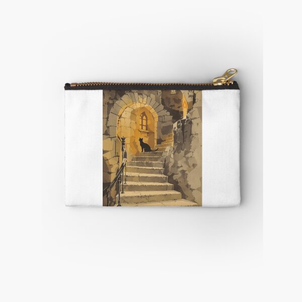 Item preview, Black Cat on a Castle Stair, Vintage Halloween Print designed and sold by GildedFolio.