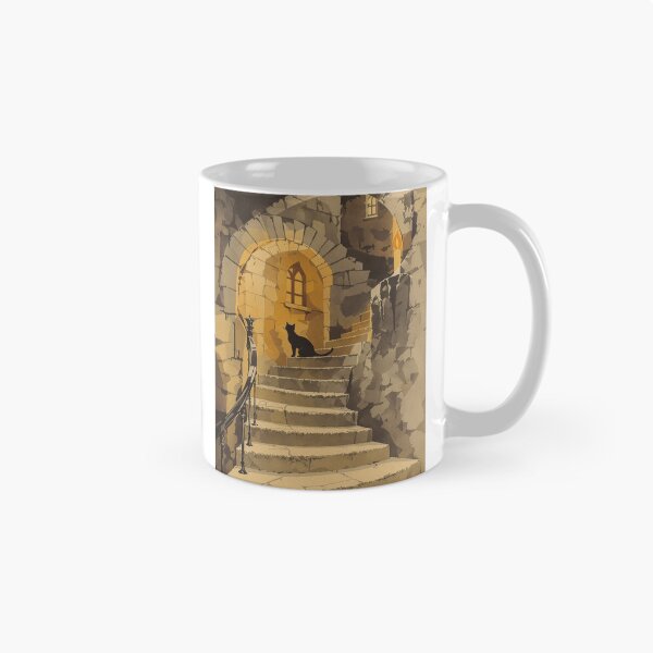 Item preview, Black Cat on a Castle Stair, Vintage Halloween Print designed and sold by GildedFolio.