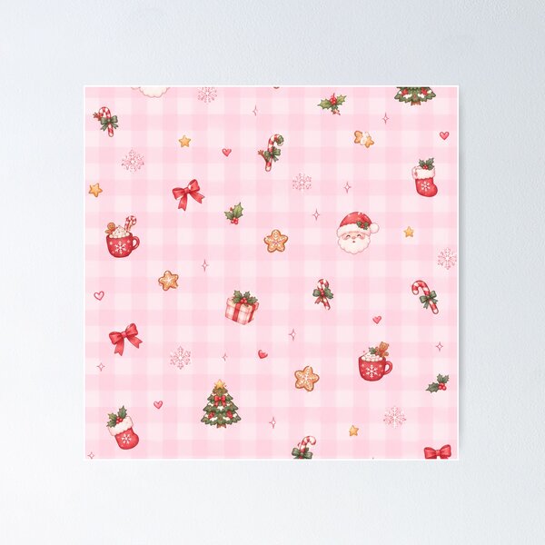 Item preview, Cute Pink Christmas Gingham Pattern with Santa and Candy Canes designed and sold by Kiralemon.