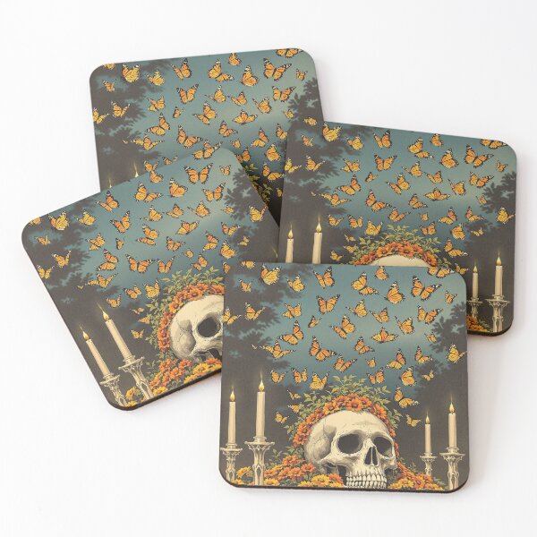 Item preview, Monarch Butterflies and Marigold Skull, Day of the Dead Art designed and sold by GildedFolio.