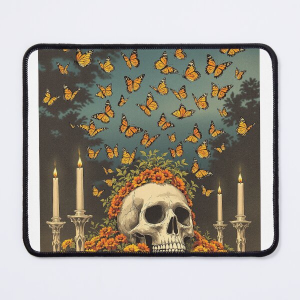 Item preview, Monarch Butterflies and Marigold Skull, Day of the Dead Art designed and sold by GildedFolio.