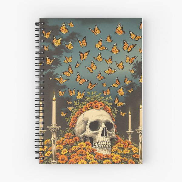 Item preview, Monarch Butterflies and Marigold Skull, Day of the Dead Art designed and sold by GildedFolio.