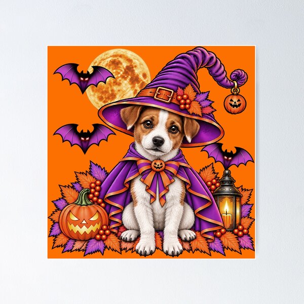 Item preview, Jack Russell Halloween Witch Costume & Spooky Pumpkin designed and sold by PixelsPaws.