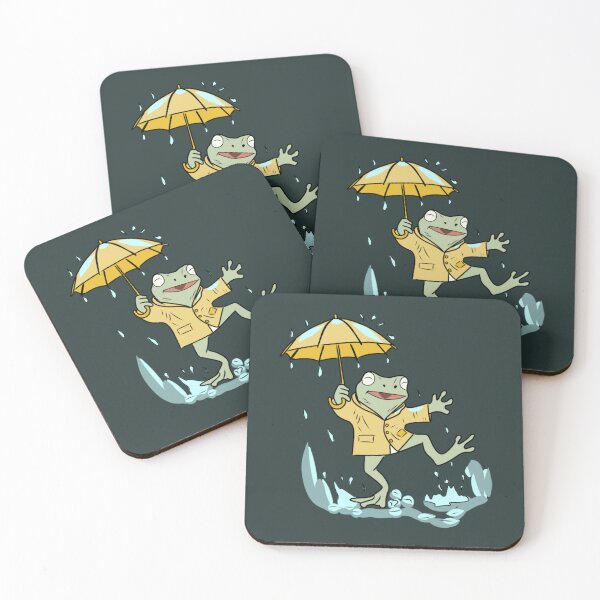 Item preview, Frog Dancing in Rain with Yellow Umbrella Cute Goblincore Illustration  designed and sold by LeshanArt.
