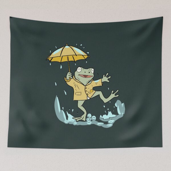 Item preview, Frog Dancing in Rain with Yellow Umbrella Cute Goblincore Illustration  designed and sold by LeshanArt.