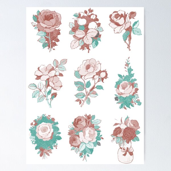 Item preview, Vintage Rose Bouquet Illustration Set in Dusty Rose and Teal Color Palette designed and sold by maewjpho.