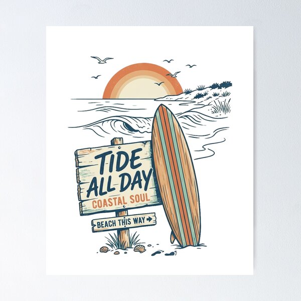 Item preview, Tide All Day Coastal Soul Retro Line Art Surfboard Beach Design designed and sold by @SHINTOSARTSTORE.