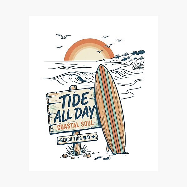 Item preview, Tide All Day Coastal Soul Retro Line Art Surfboard Beach Design designed and sold by @SHINTOSARTSTORE.
