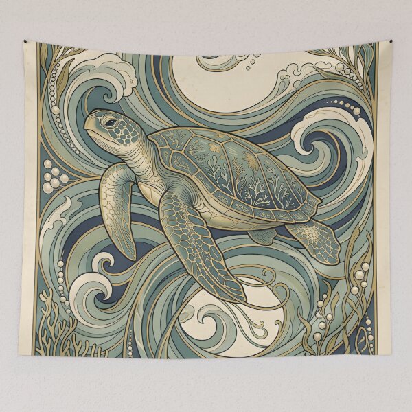 Item preview, Art Nouveau Sea Turtle Wall Art – Decorative Ocean Waves & Vintage Marine Illustration designed and sold by ZyxDes.