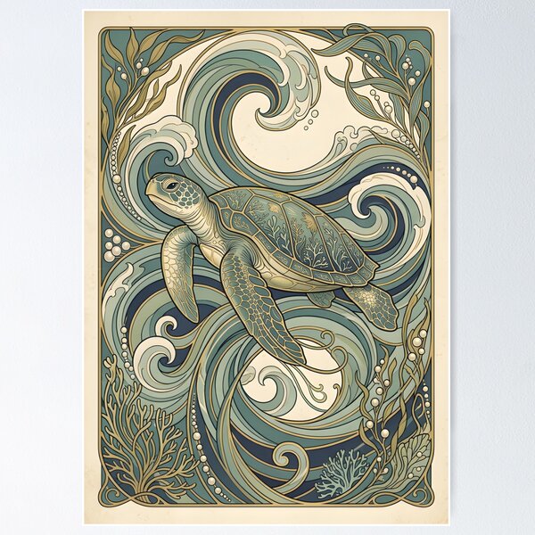 Item preview, Art Nouveau Sea Turtle Wall Art – Decorative Ocean Waves & Vintage Marine Illustration designed and sold by ZyxDes.